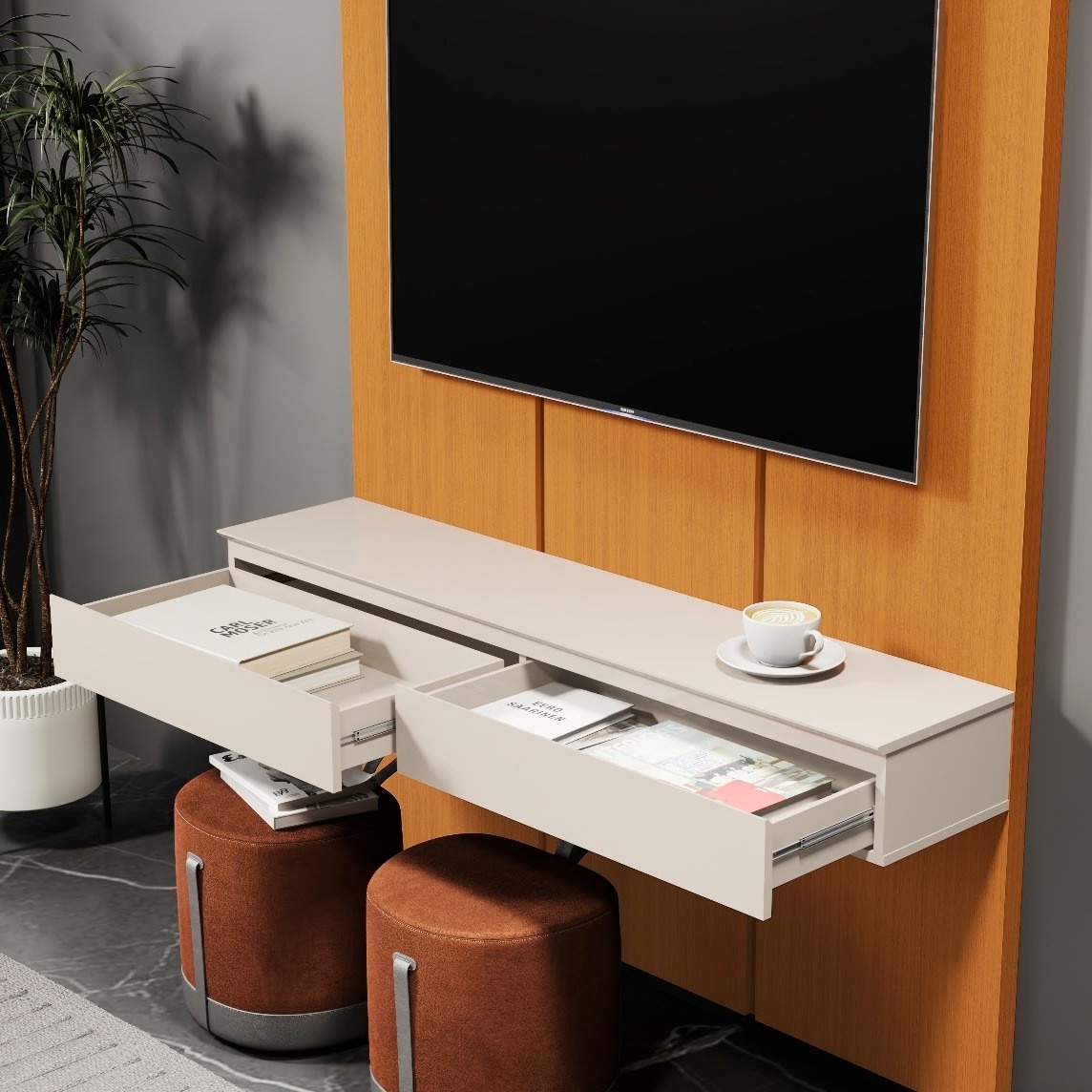 Galeria Home Suspenso Estone 1.35 com LED - Cedro + Off White